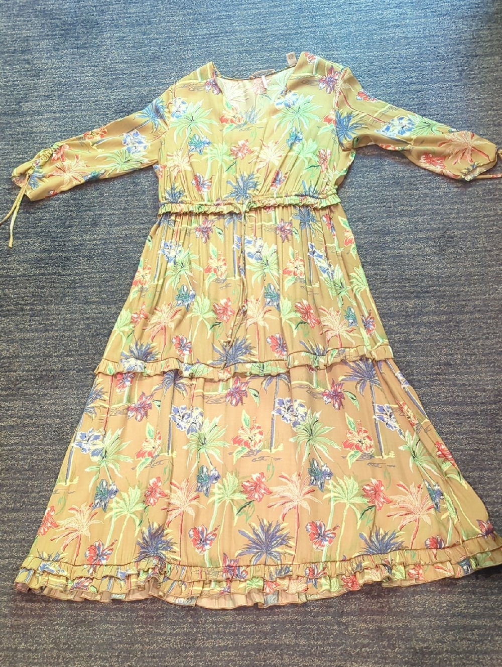 Floral Tiered Maxi Dress in Mustard with Multicolor Palm Print